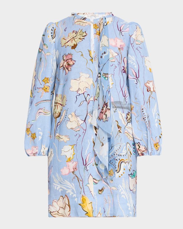 Floral Power Linen Shift Dress with Scarf